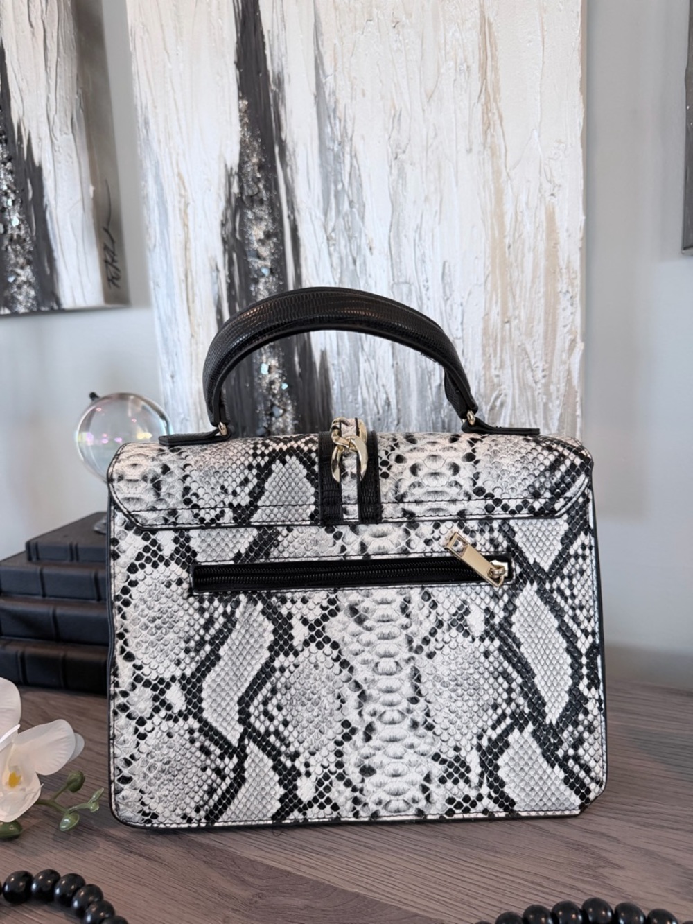 Aldo Black & White Snake-Print Top Handle Satchel with Gold Chain - Picture 4 of 12